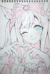  agnes_digital_(umamusume) animal_ear_fluff animal_ears aqua_eyes blush bow commentary_request fingernails four-finger_heart_hands hair_bow heart heart_hands highres horse_ears horse_girl long_hair long_sidelocks looking_at_viewer mizuiro_neko monochrome nail_polish one_eye_closed parted_lips photo_(medium) pink_theme sidelocks simple_background traditional_media umamusume upper_body white_background 