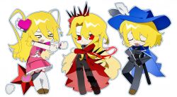  3girls black_pants blonde_hair blood blue_cape blue_hat bow bowtie cape cinq_association_south_uniform closed_eyes coat crown don_quixote_(project_moon) e.g.o_(project_moon) gala9960 hashtag-only_commentary hat hemokinesis highres in_the_name_of_love_and_hate_(e.g.o) limbus_company lobotomy_corporation_(identity)_(project_moon) multiple_girls multiple_persona open_mouth pants pink_bow pink_bowtie pink_skirt pink_vest project_moon red_coat sancho_(project_moon) short_hair skirt smile thigh-highs vest white_thighhighs yearning-mircalla_(e.g.o) 