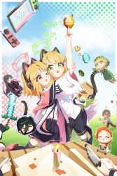  >_< >_o 6+girls :d ;d =_= absurdres ahoge animal animal_ear_headphones animal_ears apple aris_(blue_archive) arm_up artist_name bandaid bandaid_on_head black_hair black_shorts black_skirt black_tail black_thighhighs block_(minecraft) blonde_hair blue_archive blue_bow blue_necktie blue_shirt boots border bow brown_pants buttons cake cake_(minecraft) candle cat_ear_headphones cat_ears cat_tail center_frills chinese_commentary clouds cloudy_sky collared_shirt commentary_request controller creeparka creeper crossed_bandaids crossover diamond_(minecraft) doodle_sensei_(blue_archive) dress_shirt enderman explosive fake_animal_ears fake_tail flying food forehead frilled_skirt frills fruit game_controller game_development_department_(blue_archive) garter_straps gem golden_apple grass grasslands green_eyes green_gemstone green_hair green_halo green_hoodie green_jacket hair_between_eyes halo hand_on_another's_waist handheld_game_console happy headphones heart highres holding holding_knife holding_plate holding_sword holding_weapon hood hood_down hood_up hooded_jacket hoodie jacket knife long_bangs long_hair_between_eyes long_sleeves medium_hair midori_(blue_archive) midriff_peek millennium_science_school_logo minecraft minecraft_chest minecraft_sword momoi_(blue_archive) multicolored_jacket multiple_girls nahimbei necktie no_hair_bow one_eye_closed one_side_up open_clothes open_jacket orange_hair outside_border outstretched_arms pants parted_bangs personification pink_boots pink_eyes pink_halo pink_jacket pixel_heart plate pleated_skirt pointing pointing_up polka_dot polka_dot_background puffy_long_sleeves puffy_sleeves running sensei_(blue_archive) shirt shirt_tucked_in short_sleeves shorts siblings sidelocks sisters skirt sky smile suspender_skirt suspenders sword t-shirt tail tail_raised thigh-highs tnt tnt_block_(minecraft) torn_clothes twins two-sided_fabric two-sided_jacket unbuttoned untucked_shirt unworn_jacket violet_eyes weapon white_border white_jacket white_shirt wide_sleeves xd yuzu_(blue_archive) zombie_(minecraft) 