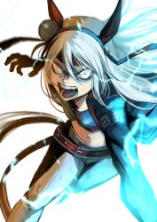  1girl absurdres animal_ears belt blue_eyes blue_hairband blue_jacket blue_sports_bra crop_top ear_covers electricity eye_trail grey_hair grey_tail hair_between_eyes hairband hasewo headband highres horse_ears horse_girl horse_tail jacket light_trail lightning_bolt_print lightning_bolt_symbol long_hair long_sleeves midriff navel open_mouth pants red_belt red_headband running solo sports_bra striped_clothes striped_hairband tail tamamo_cross_(umamusume) tamamo_cross_(with_lightning_speed)_(umamusume) teeth umamusume umamusume:_cinderella_gray very_long_hair white_pants 