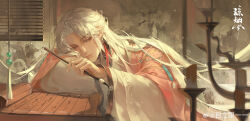  1boy absurdres bamboo_screen calligraphy_brush candle candlestand chinese_clothes chinese_commentary closed_mouth commentary_request curtained_hair earrings expressionless folding_screen grey_eyes half-closed_eyes hanfu head_on_arm highres holding holding_calligraphy_brush holding_paintbrush indoors jacket jewelry lips long_hair long_sleeves male_focus open_clothes open_jacket original paintbrush parted_bangs pink_jacket robe solo table tassel tassel_earrings tongshimllyy upper_body watermark weibo_watermark white_hair white_robe wide_sleeves 