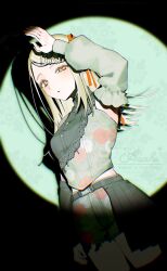  1girl arm_up belt blonde_hair detached_sleeves gakuen_idolmaster hashtag-only_commentary highres idolmaster long_hair looking_at_viewer orange_eyes shine_asahi shinosawa_hiro short_shorts shorts solo spotlight 