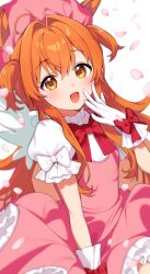  1girl animal_ears blush bow breasts cardcaptor_sakura commentary cosplay dress ears_through_headwear glove_bow gloves hair_between_eyes hat highres horse_ears horse_girl horse_tail inuyama_nanami kinomoto_sakura kinomoto_sakura_(cosplay) kinomoto_sakura_(magician) long_hair looking_at_viewer magical_girl mayano_top_gun_(umamusume) open_mouth orange_eyes orange_hair petals pink_dress pink_hat puffy_short_sleeves puffy_sleeves red_bow short_sleeves small_breasts smile solo tail umamusume white_gloves wings 