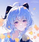  1girl a_meow_sivi ahoge blue_hair blurry blurry_foreground closed_mouth floating_hair ganyu_(genshin_impact) genshin_impact horns long_hair looking_at_viewer low_twintails portrait red_eyes smile solo sparkle twintails 