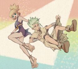  1boy 1girl bandaged_arm bandages blonde_hair blue_eyes bow breasts dr._stone dress e=mc2_(equation) facial_mark falling flying gradient_background gradient_hair green_eyes green_hair hetero high_heels high_ponytail holding implied_hetero ishigami_senkuu jewelry jumping kohaku_(dr._stone) looking_at_another multicolored_hair ninomae_gin open_mouth platform_heels ponytail purple_dress rope rope_around_waist sandals shoes short_dress sideboob sidelocks signature simple_background smile spiky_hair teeth upper_teeth_only white_rope 
