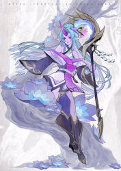  1girl armpit_crease asymmetrical_legwear bare_shoulders blue_hair boots colored_skin commentary detached_sleeves earrings english_commentary fingernails floating flower full_body hair_flower hair_ornament high_ponytail highres holding holding_staff horns japanese_clothes jewelry kimono league_of_legends loiza long_fingernails long_hair long_horns long_sleeves looking_at_viewer mark_under_eye obi official_alternate_costume official_alternate_hair_color parted_lips pink_nails pink_skin pointy_ears ponytail purple_flower purple_horns sash single_horn single_thighhigh solo soraka_(league_of_legends) spirit_blossom_(league_of_legends) spirit_blossom_soraka staff tassel thigh-highs tree uneven_legwear very_long_hair violet_eyes web_address white_kimono 