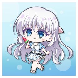  1girl aoniku_yaris blue_background blue_eyes blue_sleeves blush_stickers border chibi chibi_only closed_mouth commentary dress floating_hair food frilled_dress frills full_body grey_outline hair_behind_ear hair_between_eyes hair_ornament hairclip hand_up happy highres holding holding_food holding_popsicle long_hair looking_at_viewer naruse_shiroha outline parallel_hairclips popsicle short_dress short_sleeves sidelocks simple_background smile solo split_mouth standing summer_pockets very_long_hair watermelon_bar white_border white_dress white_hair 
