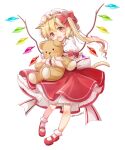  1girl ascot back_bow bangs blonde_hair blush bow collared_shirt crystal eyebrows_visible_through_hair fang flandre_scarlet frilled_skirt frilled_sleeves frills full_body hair_between_eyes haruki_(colorful_macaron) hat hat_bow hat_ribbon highres holding holding_stuffed_toy looking_at_viewer mary_janes medium_hair mob_cap one_side_up open_mouth puffy_short_sleeves puffy_sleeves red_bow red_eyes red_footwear red_ribbon red_skirt red_vest ribbon shirt shoes short_sleeves simple_background skirt skirt_set solo stuffed_animal stuffed_toy teddy_bear touhou twitter_username vest white_background white_bow white_headwear white_shirt wings wrist_cuffs yellow_ascot 