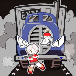  1boy exhaust flying_sweatdrops grey_shorts gun halo holding holding_gun holding_weapon lloyd_(mother) mother_(series) mother_1 motor_vehicle ninten open_mouth red_shirt red_shoes road round_eyewear scared semi_truck shirt shoes short_hair shorts smoke socks tanba_(tanba-art) traditional_halo truck weapon white_hair x_x 