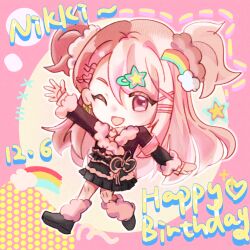  1girl armband black_bow black_jacket black_shoes black_skirt bow character_name chibi chinese_commentary collared_shirt commentary_request dated dotted_line english_text frilled_skirt frills fur-trimmed_jacket fur-trimmed_sleeves fur_leg_warmers fur_trim gyaru hair_between_eyes hair_ornament hair_scrunchie hairclip halftone happy happy_birthday heart heart_hair_ornament infinity_nikki jacket knees leg_warmers leo0505 light_blush loafers long_hair long_sidelocks long_sleeves medium_skirt multicolored_hair nikki_(nikki) nikki_(series) one_eye_closed open_mouth outline parallel_hairclips pink_arm_warmers pink_armband pink_background pink_eyes pink_hair pink_leg_warmers pink_scrunchie pink_shirt pleated_skirt rainbow_hair ribbon ribbon_earrings rosie_sweetheart_(infinity_nikki) scrunchie shirt shoes sidelocks skirt smile solo split-color_hair star_(symbol) star_hair_ornament two_side_up very_long_hair waist_bow waving white_outline x_hair_ornament y2k_fashion yellow_ribbon 
