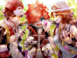  1girl 2boys black_claws black_gloves blue_eyes brown_hair chain chain_necklace claws commentary_request crossover crown_necklace fangs fingerless_gloves furry furry_male gloves grey_fur hat holding holding_poke_ball jacket jewelry kingdom_hearts leaf_(pokemon) long_hair looking_at_another looking_at_viewer luxury_ball master_ball monster_boy monsterification multiple_boys necklace open_clothes open_jacket open_mouth orange_eyes outdoors poke_ball pokemon red_(pokemon) red_hat shirt short_hair sleeveless sleeveless_shirt sora_(kingdom_hearts) sora_(monstropolis)_(kingdom_hearts) spiky_hair tsukigime_(fool_ehle) white_hat white_shirt wristband 