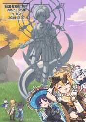  1girl 2boys =_= absurdres aether_(genshin_impact) ahoge animal_print arm_up armor bird_print black_bodysuit black_bridal_gauntlets black_gloves black_scarf black_shirt blonde_hair blue_cape blue_gemstone blue_hat blue_sleeves blue_trim blunt_ends bodysuit braid bridal_gauntlets bright_pupils cape clouds cloudy_sky covered_collarbone crop_top cropped_shirt crossed_arms earrings eyeliner eyeshadow floating furisode gem genshin_impact gloves gold gold_ring grass hammer hand_on_own_arm hat highres holding holding_hammer holding_nail hotarubi_(hotarubie) japanese_armor japanese_clothes jewelry jingasa jitome kimono kote kurokote layered_sleeves levitation light_blush long_hair looking_at_object looking_up low-braided_long_hair low-tied_long_hair makeup mandala mandarin_collar middle_ring midriff multiple_boys multiple_views nail_(hardware) open_mouth outdoors paimon_(genshin_impact) pauldrons puff_of_air purple_hair purple_sky red_eyeliner red_eyeshadow rock romper scaramouche_(genshin_impact) scarf shadow shirt short_hair short_sleeves shoulder_armor shoulder_peek single_pauldron sky standing statue sweatdrop tassel tree twitter_username violet_eyes vision_(genshin_impact) wanderer_(genshin_impact) white_cape white_hair white_pupils white_romper white_scarf white_sleeves white_trim wispy_bangs 