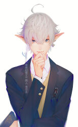  1boy ahoge alphinaud_leveilleur black_jacket blue_eyes book closed_mouth collared_shirt crossed_arms earrings elezen elf final_fantasy final_fantasy_xiv gold_buttons hair_between_eyes hand_on_own_chin holding holding_book jacket jewelry light_smile lm_0063 male_focus pointy_ears school_uniform shirt shirt_under_sweater short_hair_with_long_locks single_earring solo suit_jacket sweater upper_body white_hair white_shirt yellow_sweater 