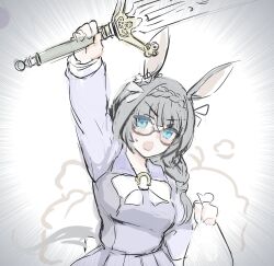  1girl animal_ears arm_up bag black_hair blue_eyes braid breasts commentary_request crown_braid emphasis_lines glasses highres holding holding_bag holding_sword holding_weapon horse_ears horse_girl looking_at_viewer medium_breasts medium_hair open_mouth pleated_skirt purple_sailor_collar purple_serafuku purple_shirt purple_skirt sailor_collar school_uniform semi-rimless_eyewear serafuku shimura_(hosshi) shirt skirt solo sword tracen_school_uniform umamusume under-rim_eyewear weapon white_background zenno_rob_roy_(umamusume) 