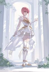  1girl absurdres armor blue_gemstone boots breastplate brown_eyes chest_jewel chinese_commentary choker closed_mouth clothing_cutout coattails commentary_request day dress eyelashes frilled_arm_warmers full_body gem hair_bun happy high_heel_boots high_heels highres holding holding_sword holding_tiara holding_weapon infinity_nikki knee_boots knee_pads looking_at_viewer mayyy melody_bloom_(infinity_nikki) miniskirt nikki_(nikki) nikki_(series) outdoors pillar pink_hair plant pleated_dress pleated_skirt rapier shadow short_dress short_hair_with_long_locks short_sleeves shoulder_cutout sidelocks single_hair_bun skirt skirt_under_dress smile solo standing sword thigh-highs vines weapon white_arm_warmers white_boots white_choker white_dress white_skirt white_thighhighs 