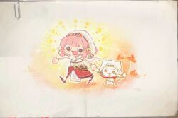  1girl animal armlet autumn bare_shoulders beads belt blunt_bangs bracelet braid brown_eyes brown_sandals cat chibi chinese_commentary cloak clothed_animal commentary_request crop_top ear_covers earrings eyelashes gold_armlet gold_belt gold_bracelet gold_earrings grass hair_beads hair_ornament hair_tubes hairband happy holding_hands hood hood_up hooded_cloak hoop_earrings infinity_nikki jewelry layered_skirt long_skirt looking_at_viewer medium_hair midriff momo_(nikki) multicolored_hairband multiple_bracelets mushroom nikki_(nikki) nikki_(series) official_alternate_costume open_mouth outline paperclip pink_hair purifying_wind_(infinity_nikki) red_skirt sandals shadow shirt side_braids skirt sleeveless sleeveless_shirt smile sparkle twin_braids walking white_cat white_cloak white_outline white_shirt white_skirt xinjin_(xinjinjumin768013209371) 