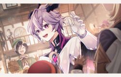  4boys 5girls albedo_(genshin_impact) amber_(genshin_impact) beer_mug beret black_hair black_horns black_shirt blonde_hair braid closed_eyes con_potata cup diluc_(genshin_impact) eula_(genshin_impact) flower genshin_impact gloves green_hat hair_flower hair_ornament hat holding holding_cup horns indoors kaeya_(genshin_impact) klee_(genshin_impact) long_sleeves medium_hair mini_durin_(genshin_impact) mini_durin_(human)_(genshin_impact) mug multiple_boys multiple_girls open_mouth purple_hair purple_hat red_hat shirt side_braids smile solo_focus twin_braids upper_body venti_(genshin_impact) white_flower white_gloves witch_hat 