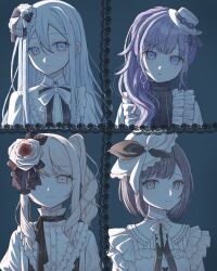  1other 25-ji_nightcord_de._(project_sekai) 3girls akiyama_mizuki asahina_mafuyu azuha_0 black_ribbon black_shirt brown_eyes brown_hair closed_mouth collared_shirt commentary double-parted_bangs flower frilled_hat frills frown grey_eyes hair_between_eyes hair_flower hair_ornament hat head_tilt highres keikyoku_no_machi_wa_doko_e_(project_sekai) long_sidelocks mini_hat multiple_girls neck_ribbon official_alternate_costume one_eye_covered parted_lips pink_eyes ponytail project_sekai raised_inner_eyebrows ribbon shinonome_ena shirt side_ponytail sidelocks violet_eyes white_hair white_hat white_ribbon white_shirt yoisaki_kanade 