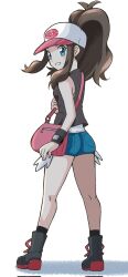  1girl bag baseball_cap black_boots black_socks black_vest blue_eyes blush boots brown_hair commentary_request cutoffs denim denim_shorts emapippi exposed_pocket full_body hat high_ponytail highres hilda_(pokemon) long_hair looking_at_viewer open_mouth poke_ball_print pokemon pokemon_bw ponytail shirt shorts shoulder_bag sidelocks simple_background smile socks solo vest white_background white_shirt wristband 