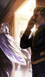  3boys absurdres artist_request blonde_hair cape carozzo_ronah combat_helmet crossbone_vanguard gloves gundam gundam_f91 gundam_perfect_file hallway helmet highres magazine_scan mask military_uniform multiple_boys official_art painting_(medium) promotional_art salute scan scene_reference science_fiction soldier traditional_media walking white_gloves 