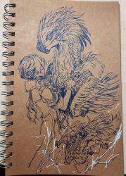  1girl coat commentary english_commentary fur-trimmed_coat fur_trim gloves highres link!_like!_love_live! long_hair love_live! low_twintails monochrome monster monster_hunter_(series) monster_hunter_wilds murano_sayaka pen_(medium) photo_(medium) seikret_(monster_hunter) short_sleeves traditional_media twintails virtual_youtuber yrxy_settingsun 