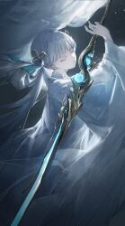  1girl absurdres aqua_ribbon chinese_clothes closed_mouth colored_eyelashes commentary earrings expressionless grey_theme hair_ribbon hanfu highres holding holding_sword holding_weapon jewelry jinhsi_(wuthering_waves) mole mole_on_cheek reverse_grip ribbon secretfj520 solo sword weapon white_eyelashes white_hair white_hanfu wide_sleeves wuthering_waves 