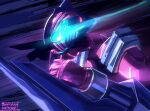 1boy 2021 arm_blade artist_name barcode blue_eyes clenched_hand dated dorsal_fin fins gloves glowing glowing_eyes highres joey_the_lazy kamen_rider kamen_rider_revi kamen_rider_revice male_focus megalodon megalodon_genome pink_armor pink_gloves profile shark shark_fin signature solo tokusatsu weapon