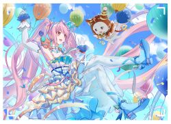  1girl absurdly_long_hair absurdres animal ankle_bow ankle_ribbon aqua_bow argyle_bow argyle_cloak argyle_clothes argyle_pantyhose armpits axsd8 back_ribbon balloon bare_shoulders blue_bow blue_dress blue_hairband blue_hat blue_ribbon blue_shoes blue_sky blue_wrist_cuffs border bow brown_cloak brown_eyes cat chinese_commentary choker cloak clothed_animal clouds commentary_request confetti dance_till_dawn_(infinity_nikki) day detached_sleeves dress ear_covers facial_tattoo floating floating_hair four-pointed_star frilled_cloak frilled_dress frilled_wrist_cuffs frills full_body hairband hat hat_bow hexagram high_heels highres holding holding_balloon hood hood_up hooded_cloak infinity_nikki large_ribbon leg_ribbon light_blush lolita_fashion long_hair looking_at_animal mini_hat mini_top_hat momo_(nikki) navel neck_ribbon nikki_(nikki) nikki_(series) official_alternate_color official_alternate_costume open_mouth orange_ribbon outdoors pantyhose pawpads pink_bow pink_hair pleated_dress print_dress print_ribbon pumps ribbon ribbon_earrings shoes short_dress sky sleeveless sleeveless_dress smile star_(symbol) star_choker star_print star_tattoo stuffed_animal stuffed_toy tattoo teddy_bear top_hat twintails two-tone_bow two-tone_dress two-tone_wrist_cuffs vertical-striped_sleeves very_long_hair viewfinder waist_bow wavy_hair white_border white_bow white_cat white_choker white_dress white_pantyhose white_sleeves white_wrist_cuffs wrist_cuffs 