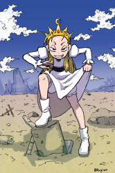  1girl belt belt_around_waist black_belt blonde_hair bloomers blue_eyes blue_sky boots chest_jewel clothes_lift clouds commentary_request crescent crown cyberbots devilot_de_deathsatan_ix dress fang forehead frilled_sleeves frills full_body gem gold_crown grin hair_slicked_back half-closed_eyes hands_up highres jeweled_crown juliet_sleeves kugimiya_narusuke long_hair long_sleeves looking_at_viewer lower_eyelashes_only multiple_belts outdoors princess puffy_sleeves red_gemstone rock skirt skirt_lift sky smile solo standing v-shaped_eyebrows wasteland white_bloomers white_boots white_dress 