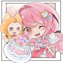  1girl ahoge animal bare_shoulders birthday_cake black_bow black_ribbon border bow bow_choker bowtie brown_eyes buttons cake cat cat_hair_ornament center_frills character_hair_ornament character_name chibi chinese_commentary chinese_text choker cloak clothed_animal commentary_request cowboy_shot ear_covers eyelashes fang food fork frilled_shirt frilled_skirt frilled_sleeves frills fruit hair_bow hair_intakes hair_ornament hair_ribbon hairclip halftone halftone_background happy_birthday highres holding holding_fork hood hood_up hooded_cloak infinity_nikki layered_skirt light_blush lofter_2281651175 long_hair long_sleeves low_twintails momo_(nikki) nikki_(nikki) nikki_(series) off-shoulder_shirt off_shoulder one_eye_closed open_mouth orange_background outside_border parallel_hairclips perfect_start_(infinity_nikki) pink_bow pink_bowtie pink_choker pink_hair pink_skirt plate pleated_skirt puffy_long_sleeves puffy_sleeves red_bow red_bowtie ribbon shirt skin_fang skirt smile snowflakes sparkle strawberry swept_bangs teeth thumbs_up tress_ribbon twintails very_long_hair whiskers white_border white_cat white_shirt white_skirt yellow_cloak 