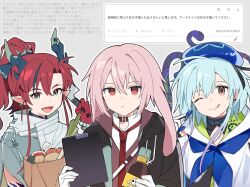  3boys :d :q animal_ears ansel_(arknights) arknights bag beret black_hair black_jacket blue_hair blue_hat bottle clipboard closed_mouth commentary dragon_boy dragon_horns earrings fangs gloves grey_background hat highres holding holding_bottle holding_clipboard holding_knife horns infection_monitor_(arknights) jacket jewelry knife long_hair looking_at_viewer lop_rabbit_ears maguro_kan male_focus mizuki_(arknights) multicolored_hair multiple_boys necktie odaibako one_eye_closed open_mouth outline paper_bag pink_hair pointy_ears ponytail rabbit_boy rabbit_ears red_eyes red_hair red_necktie request_inset shirt short_hair simple_background smile spring_onion streaked_hair tentacles tongue tongue_out translation_request trap upper_body white_gloves white_jacket white_outline white_shirt yu_(arknights) 