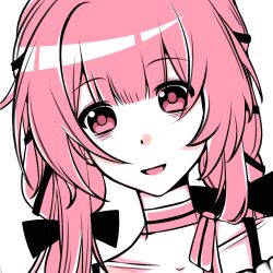  1girl aluodesi06095 bags_under_eyes blunt_bangs bow bow_choker bowtie bra_strap chinese_commentary choker collarbone commentary_request dot_nose eyes_visible_through_hair frilled_shirt frills happy infinity_nikki long_hair long_sidelocks low_twintails nikki_(nikki) nikki_(series) off-shoulder_shirt off_shoulder open_mouth perfect_start_(infinity_nikki) pink_bow pink_bowtie pink_choker pink_eyes pink_hair pink_pupils shirt sidelocks simple_background single_stripe smile solo striped_bow striped_bowtie striped_choker striped_clothes tareme twintails upper_body white_background white_shirt 