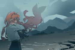  1girl ahiruuyew beach black_pants bow brown_hairband commentary floating_hair hair_bow hairband highres ishmael_(project_moon) limbus_company long_hair long_sleeves mountainous_horizon muted_color ocean orange_hair pants project_moon rope shirt sidelocks solo very_long_hair wavy_hair white_bow white_shirt 