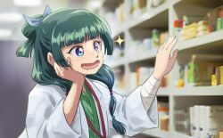  1girl artist_name bandaged_arm bandages blue_eyes blurry blurry_background box commentary_request contemporary excited freckles green_hair indoors kusuriya_no_hitorigoto long_hair maomao_(kusuriya_no_hitorigoto) medicine_bottle miz_mus open_mouth photo_background shelf solo twintails 