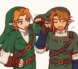  2boys arm_up belt belt_buckle blonde_hair brown_belt brown_gloves brown_hair buckle chest_belt commentary_request dot_nose earrings fingerless_gloves flying_sweatdrops gloves green_hat green_tunic hat highres jewelry layered_sleeves link long_pointy_ears long_sleeves male_focus multiple_boys nervous_sweating open_mouth parted_hair piercing pointy_ears shirt short_over_long_sleeves short_sleeves single_earring sweat teateeeea the_legend_of_zelda the_legend_of_zelda:_ocarina_of_time the_legend_of_zelda:_twilight_princess tunic white_background white_shirt 