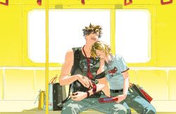  2boys absurdres bag baozaohuang bare_shoulders belt belt_buckle black_bag black_belt black_hair blonde_hair blue_pants buckle closed_eyes commentary crew_neck denim feet_out_of_frame gift_bag haikyuu!! handheld_game_console head_on_another's_shoulder highres holding holding_bag holding_handheld_game_console jeans kozume_kenma kuroo_tetsurou male_focus multicolored_hair multiple_boys necktie open_mouth pants parted_hair print_shirt red_necktie roots_(hair) shirt short_sleeves sitting sleeping sleeveless sleeveless_shirt spiky_hair symbol-only_commentary t-shirt teeth train_interior 