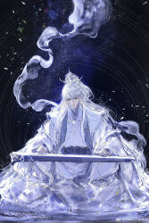  1boy blue_eyes blue_sash blue_scarf chinese_clothes chinese_commentary closed_mouth coat commentary_request danke_reverse_d daxiushan full_body guzheng hair_between_eyes hanfu high_ponytail highres indian_style instrument jewelry long_hair long_sleeves looking_down love_and_deepspace male_focus music necklace night open_clothes open_coat playing_instrument ponytail robe sash scarf shards silver_necklace sitting sky smoke solo star_(sky) star_trail starry_sky stole waist_sash watermark weibo_watermark white_coat white_hanfu white_robe wide_ponytail xavier_(love_and_deepspace) xiao_guan_(headdress) 