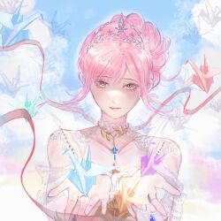  1girl absurdres beads blue_sky brown_eyes chinese_commentary closed_mouth clouds collar collarbone commentary_request day detached_collar dress earrings eyelashes feather_earrings feathers floating_hair hair_bun happy highres holding infinity_nikki jewelry lace_collar lipstick makeup melody_bloom_(infinity_nikki) nikki_(nikki) nikki_(series) nostrils off-shoulder_dress off_shoulder origami outdoors paper_crane pink_hair red_lips red_ribbon ribbon see-through_clothes see-through_sleeves short_hair_with_long_locks short_sleeves sidelocks single_hair_bun sky smile solo tiara upper_body white_collar white_dress wula0684 