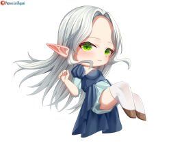  1girl absurdres blue_dress blush breasts chibi commission commissioner_upload dress elf forehead full_body green_eyes hand_up highres long_hair looking_at_viewer lori_hagami official_art parted_bangs parted_lips patreon_logo patreon_username pointy_ears puffy_short_sleeves puffy_sleeves short_sleeves simple_background small_breasts smile solo taael_myrthnddare thigh-highs username very_long_hair ways_of_darkness_(series) white_background white_hair white_thighhighs 