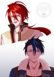  2boys aaron_wei black_hair blue_eyes blue_hair closed_mouth collarbone commentary_request double-parted_bangs ear_piercing eiyuu_densetsu floating_hair fur_trim hair_between_eyes hair_slicked_back highres kuro_no_kiseki_(series) long_hair looking_at_viewer male_focus multicolored_hair multiple_boys open_mouth piercing ponytail red_hair shina_sosaku short_hair smile two-tone_hair van_arkride watermark yellow_eyes 