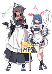  2girls :t absurdres animal_ears black_gloves black_hair black_socks blue_eyes blue_hair blue_shoes cat_ears churro commentary_request dark-skinned_female dark_skin dress eating food gloves hair_ornament hairclip half_gloves highres holding holding_food konno_you_(warabi_mochi_(w4rabimochi)) long_dress long_hair looking_at_another maid mole mole_on_chest mole_on_thigh multiple_girls open_mouth original parallel_hairclips rabbit_ears shoes short_dress sign socks speech_bubble string_of_flags teeth translation_request upper_teeth_only usumi_nodoka_(warabi_mochi_(w4rabimochi)) uwabaki warabi_mochi_(w4rabimochi) 