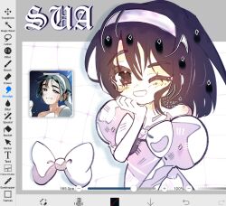  1girl alien_stage art_program_in_frame bow character_name choppy_bangs cirsqn commentary deformed dress english_commentary gloves hairband hand_on_own_chin hand_up head_rest highres looking_at_viewer one_eye_closed puffy_short_sleeves puffy_sleeves purple_hair reference_inset short_hair short_sleeves smile sua_(alien_stage) violet_eyes white_bow white_dress white_gloves white_hairband 