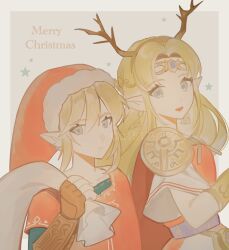  1boy 1girl a15179222 armor blonde_hair bracer brown_gloves circlet dress earrings fake_antlers fingerless_gloves gloves gold_earrings grey_background hair_between_eyes hat highres jewelry link long_hair medium_hair merry_christmas parted_bangs parted_lips pointy_ears princess_zelda red_hair red_tunic santa_hat shoulder_armor sidelocks smile the_legend_of_zelda the_legend_of_zelda:_a_link_between_worlds tunic vambraces white_dress 