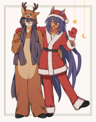  2girls animal_costume animal_ears animal_hood antlers bandaid bandaid_on_face bandaid_on_nose black_hair blush coat crescent_moon dark-skinned_female dark_skin ears_through_headwear fake_antlers fur-trimmed_gloves fur_trim gloves hair_between_eyes hair_ornament hairclip hat highres hishi_amazon_(umamusume) hood hood_up horns horse_ears horse_girl horse_tail hwipa_(param_blue) long_hair long_sleeves moon multiple_girls narita_brian_(umamusume) one_eye_closed open_mouth pants red_coat red_eyes red_gloves red_hat red_pants reindeer_antlers reindeer_costume reindeer_hood santa_costume santa_hat smile star_(symbol) tail umamusume very_long_hair yellow_eyes 