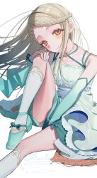  1girl bare_shoulders blonde_hair blush braid commentary dress floating_hair gakuen_idolmaster highres idolmaster knee_up legs long_hair orange_eyes shine_asahi shinosawa_hiro sitting smile solo symbol-only_commentary 