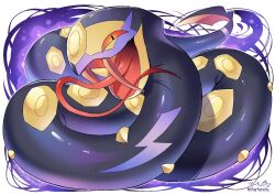  commentary_request full_body hartan no_humans open_mouth orange_eyes pokemon pokemon_(creature) pokemon_focus seviper signature snake solo tongue tongue_out twitter_username 