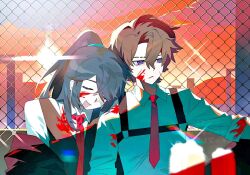  2boys alternate_skin_color black_coat black_vest blood blood_on_clothes blood_on_face brown_hair chain-link_fence chest_harness coat collared_shirt day fence gala9960 harness head_on_another's_shoulder heathcliff_(project_moon) hong_lu_(project_moon) limbus_company multiple_boys outdoors project_moon rooftop shirt sitting sunset vest violet_eyes white_shirt 