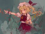  1girl abstract_background ascot blonde_hair bow closed_mouth crystal dust_cloud flandre_scarlet hat hat_bow highres medium_hair mob_cap one_side_up outstretched_arm puffy_short_sleeves puffy_sleeves red_bow red_eyes red_nails red_skirt red_vest reddizen serious shirt short_sleeves skirt skirt_set solo standing touhou vest waist_bow white_shirt wings wrist_cuffs yellow_ascot 