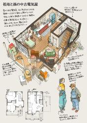  1boy 1girl absurdres aqua_pants bathroom boots chair clothes_around_waist commentary_request couch dog floorplan hat highres jacket jacket_around_waist kitchen lamp old old_man orange_hat original overalls pants plaid_clothes plaid_shirt ponytail refrigerator shirt shoes shower_curtain sink stairs table tablecloth television yellow_shirt yoshida_seiji 