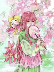  1girl ^_^ absurdres ahoge animal blunt_bangs braid cat cherry_blossoms chinese_clothes chinese_commentary cloak closed_eyes closed_mouth clothed_animal commentary_request covered_mouth cowboy_shot day ear_over_one_eye flower green_hanfu green_ribbon hair_ribbon hair_rings hand_fan hanfu happy high-waist_skirt highres holding holding_fan hood hood_up hooded_cloak lake layered_sleeves light_blush light_particles long_hair long_sidelocks long_sleeves miniskirt momo_(nikki) nikki_(nikki) nikki_(series) outdoors pink_flower pink_hair pink_ribbon pink_robe pink_skirt pleated_skirt puffy_long_sleeves puffy_sleeves qingxu ribbon ripples robe short_over_long_sleeves short_sleeves sidelocks skirt smile standing tree tress_ribbon tuanshan twin_braids very_long_hair whiskers white_cat wrist_ribbon yellow_cloak yellow_hanfu 